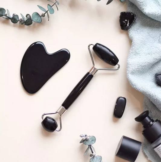 Coffret de Massage Gua Sha et Rouleau en Obsidienne Noire – Rituel beauté et détente 💆‍♀️✨